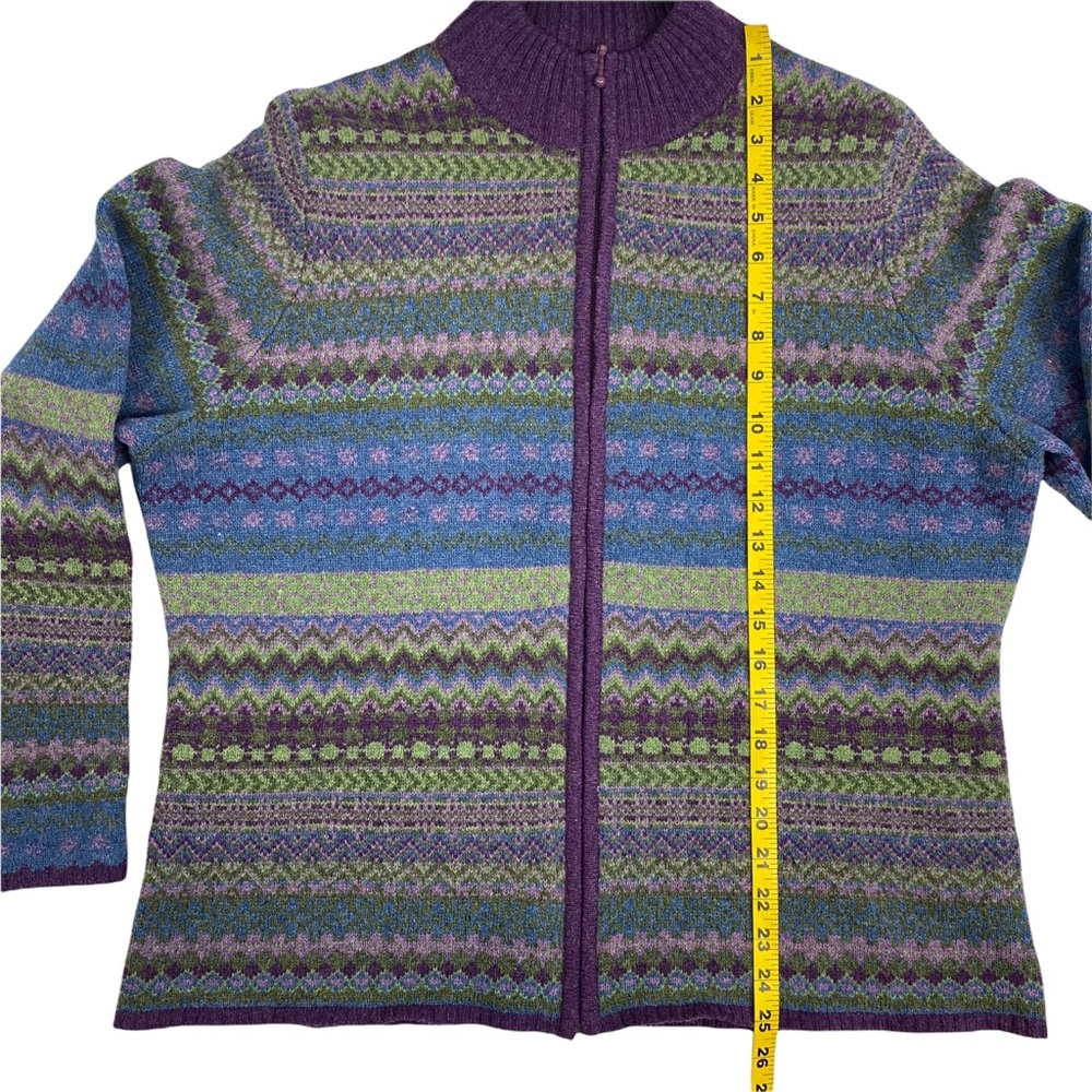 Woolrich Wool Zip Up Sweater Cardigan Womens XL Nordic Fair Isle Green Purple - Picture 8 of 9